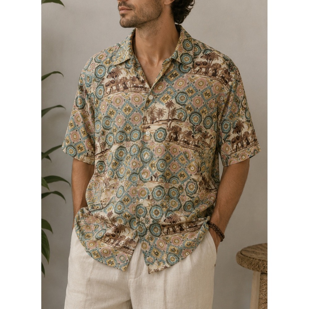 Vintage Nautica Moroccan Medallion Camel Print Button Shirt Mens Medium Resort